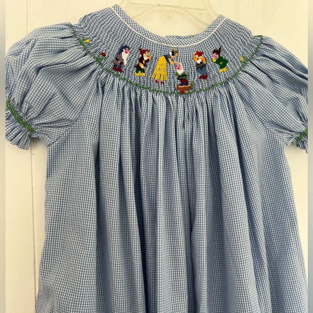 Wish Upon a Star Snow White & Dwarfs Smocked Blue Gingham Kids Dress Size 6X